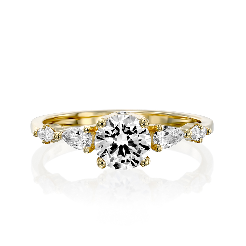 טבעת יהלומים מרשימה משובצת יהלום עגול מרכזי בשילוב יהלומים בחיתוך טיפות ומרקיזות