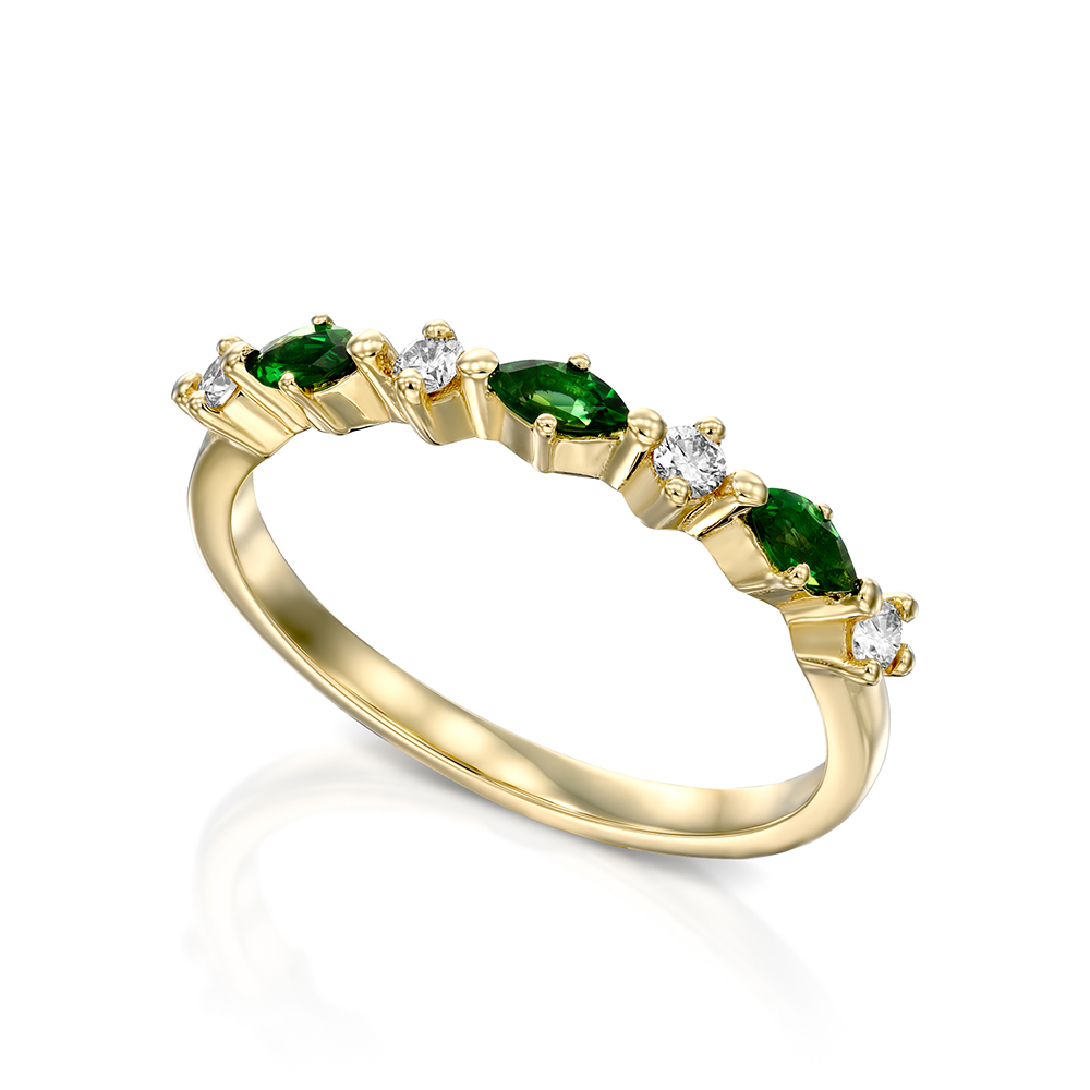 טבעת חצי אינטרנטי משובצת יהלומים עגולים ואבני טורמלין ירוקות בחיתוך מרקיזה
